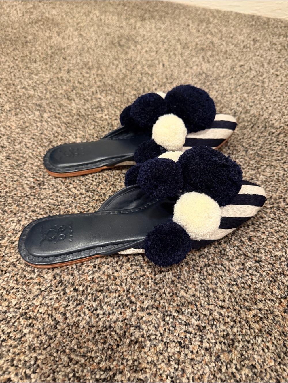 Pom-Pom Slide Mules in Navy and Cream - Picture 4 of 4